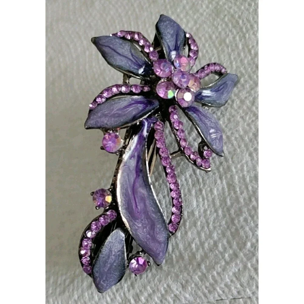 Purple Enamel & Rhinestone Flower Hair Clip 3.25
